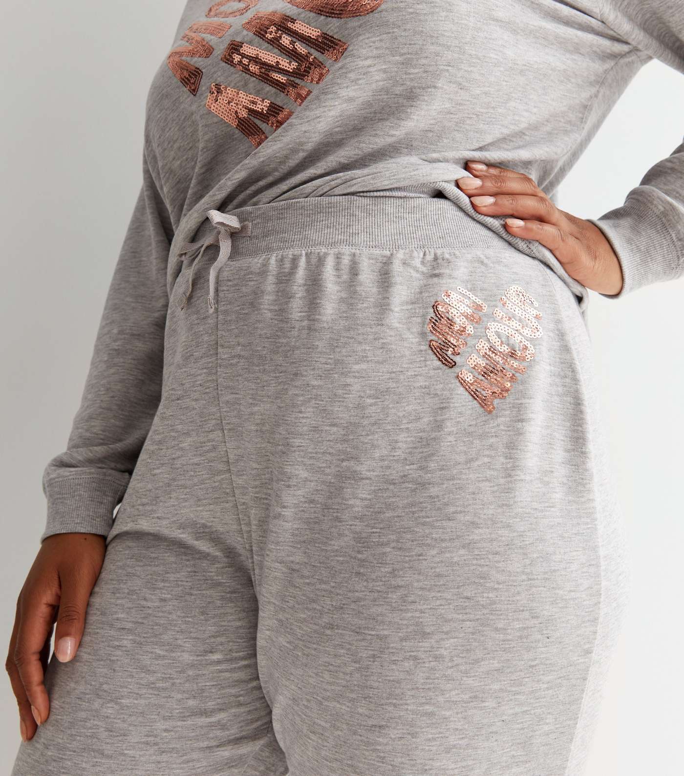 Curves Grey Sequin Amour Logo Lounge Joggers Image 3