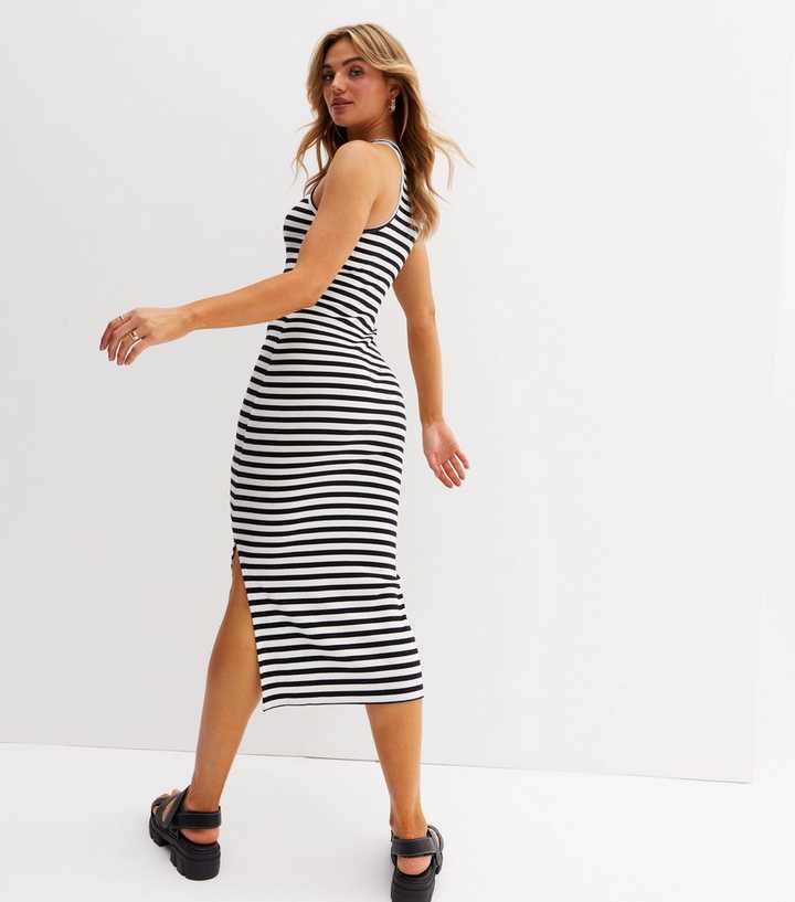 White Stripe Ribbed Racer Midi Bodycon Dress | New Look