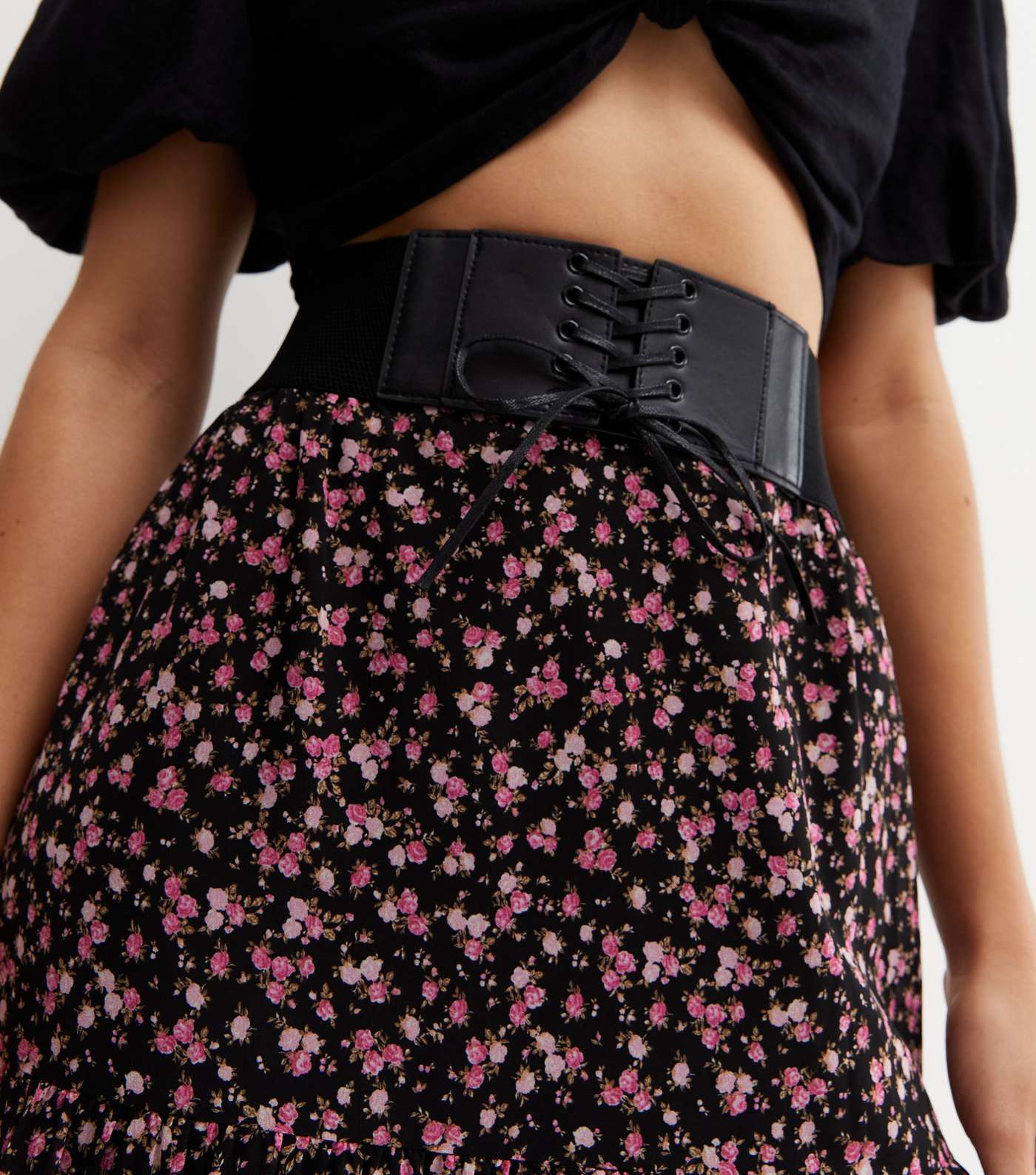 Pink Floral Belted Tiered Midi Skirt Image 3
