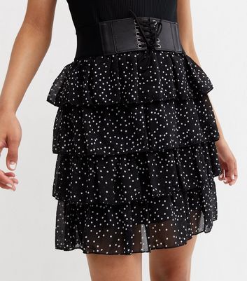 Black Spot Chiffon Tiered Belted Mini Skirt New Look