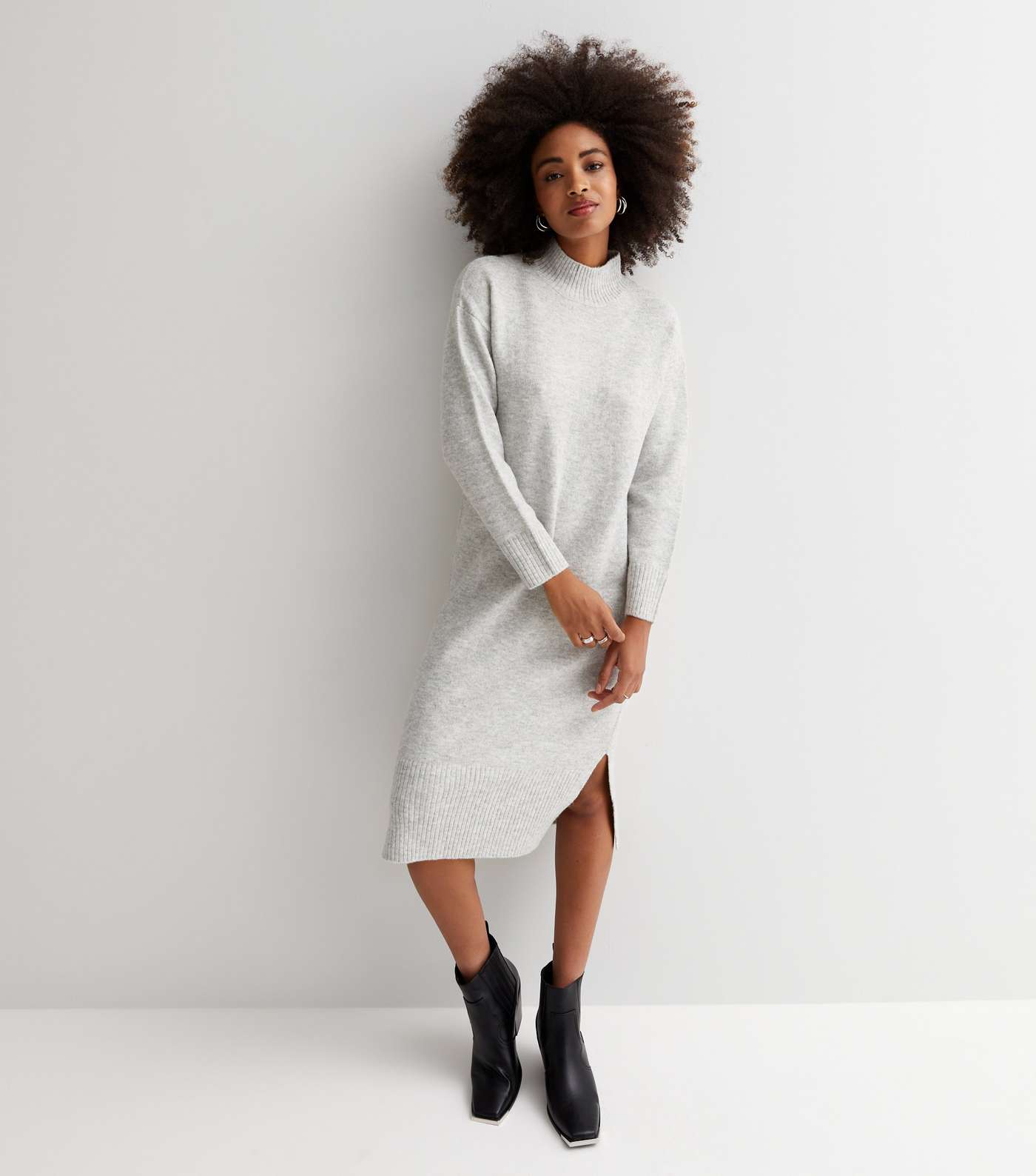 Pale Grey Knit High Neck Long Sleeve Midi Dress Image 3