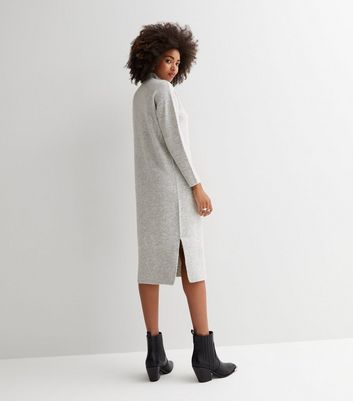 Pale Grey Knit High Neck Long Sleeve Midi Dress | New Look