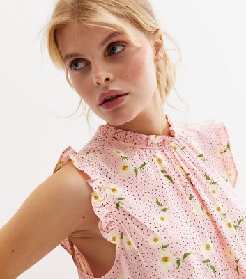 Click to view product details and reviews for Pink Daisy Spot Frill High Neck Blouse New Look.