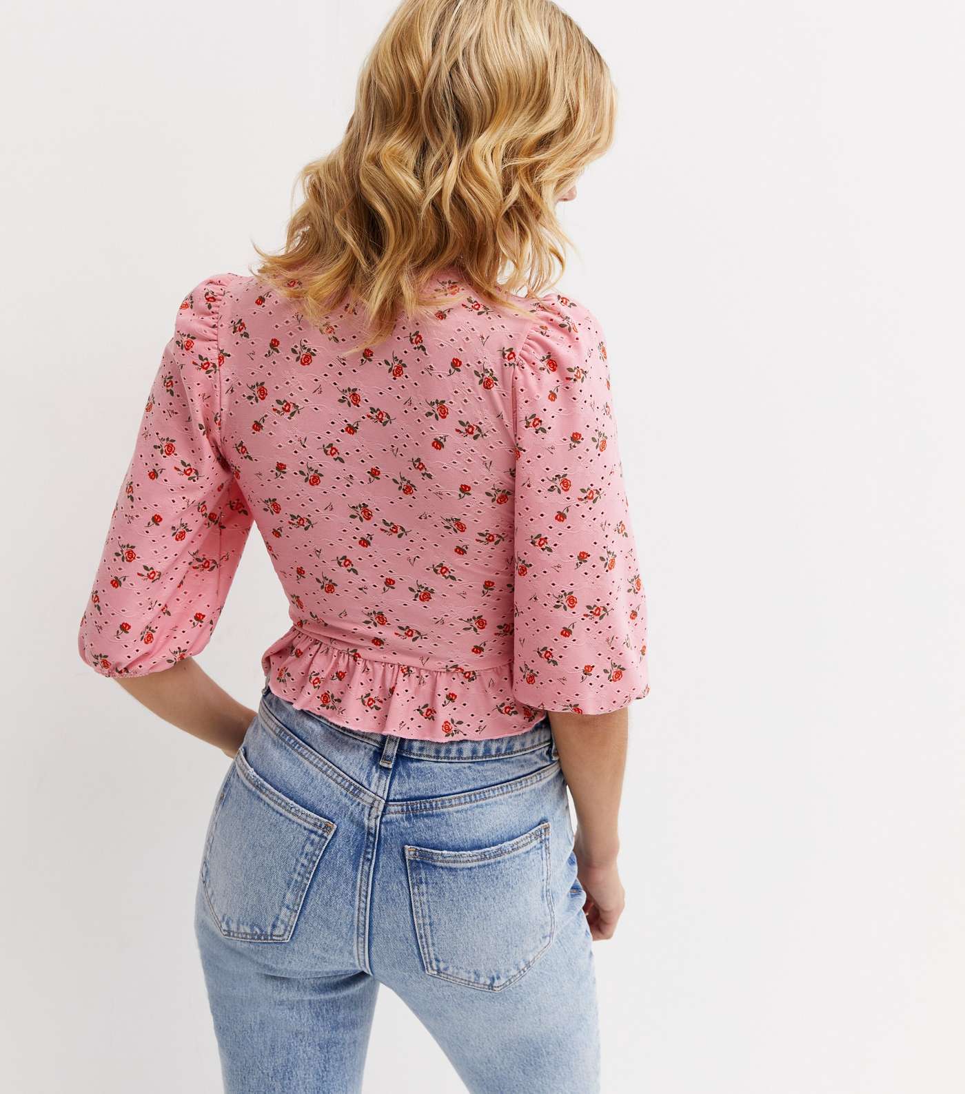 Pink Ditsy Floral Broderie Ruched Crop Top Image 4
