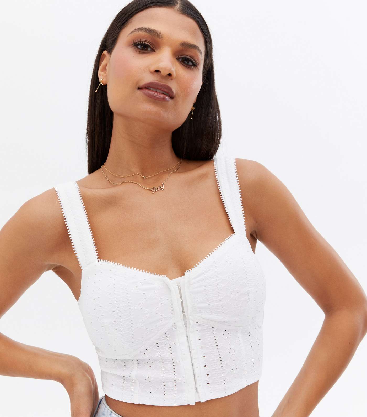 White Broderie Hook and Eye Corset Crop Top Image 3