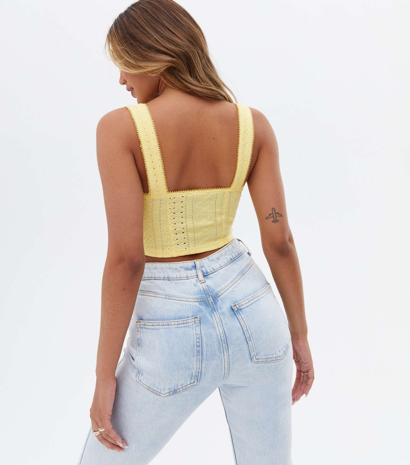 Pale Yellow Broderie Hook and Eye Corset Crop Top