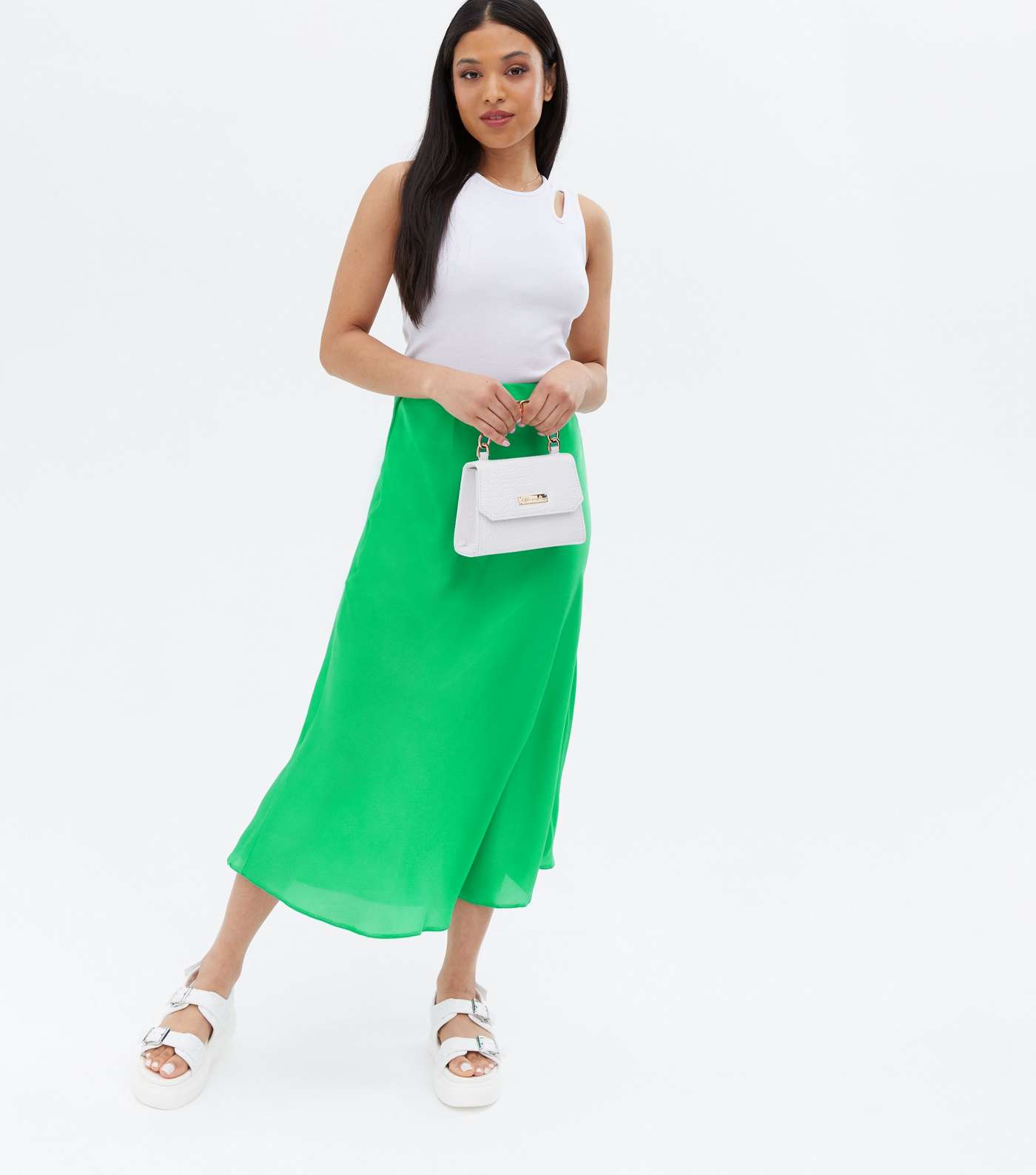Petite Green Satin Bias Cut Midi Skirt
