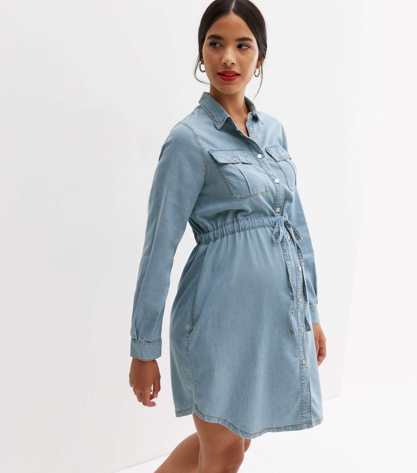 Maternity Pale Blue Denim Shirt Dress Image 2