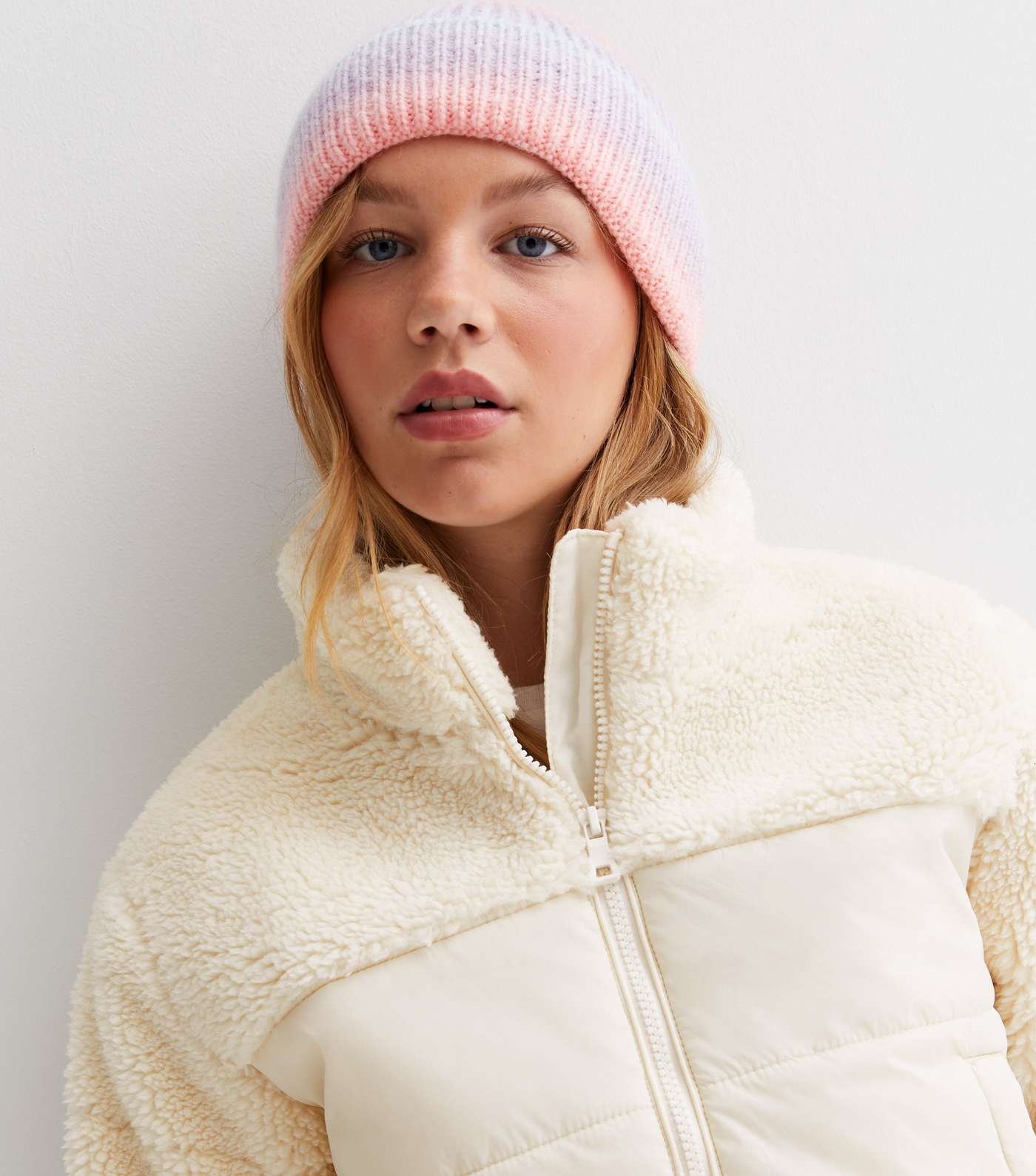 Girls Cream Teddy Quilted Puffer Jacket Image 3