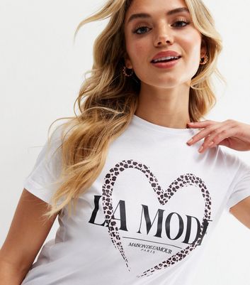 Click to view product details and reviews for White Leopard Print Heart La Mode Logo T Shirt New Look.