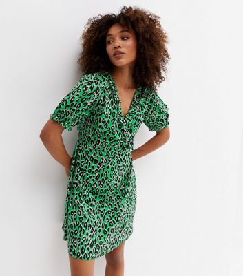 Green leopard print outlet wrap dress