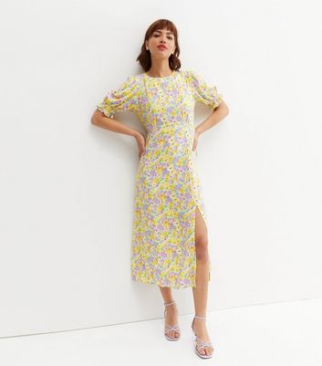 Yellow Floral Puff Sleeve Split Midi Dress New Look