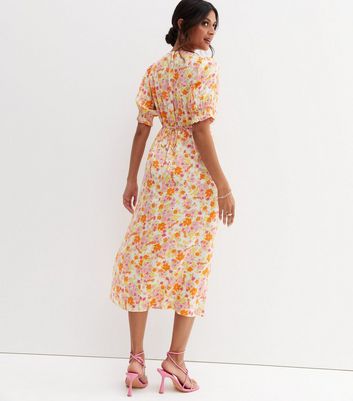 Pink Floral Puff Sleeve Split Midi 