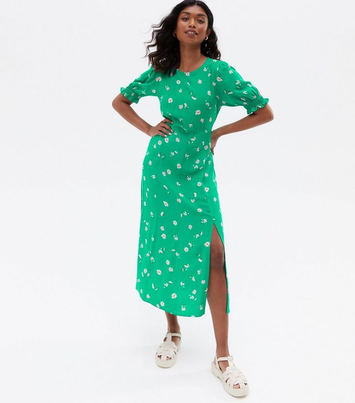 Green Daisy Split Front Midi Dress | New Look
