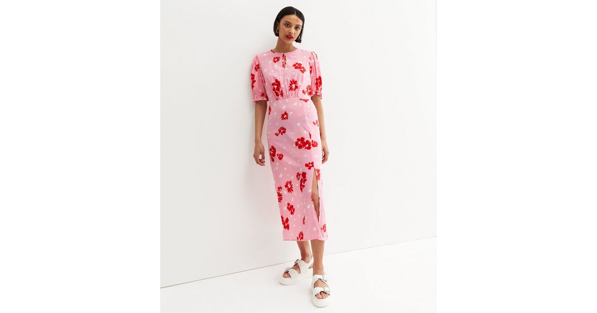 Pink Floral Keyhole Split Midi Dress | New Look