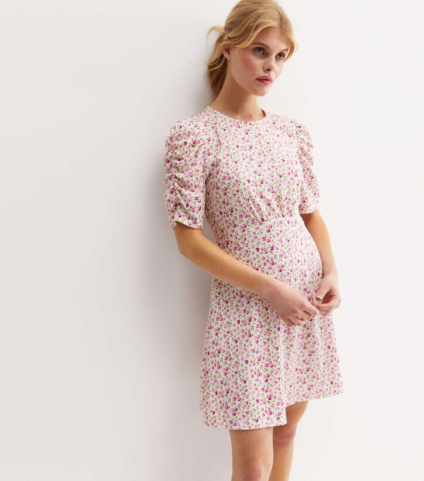 Pink Ditsy Floral Ruched Sleeve Mini Dress