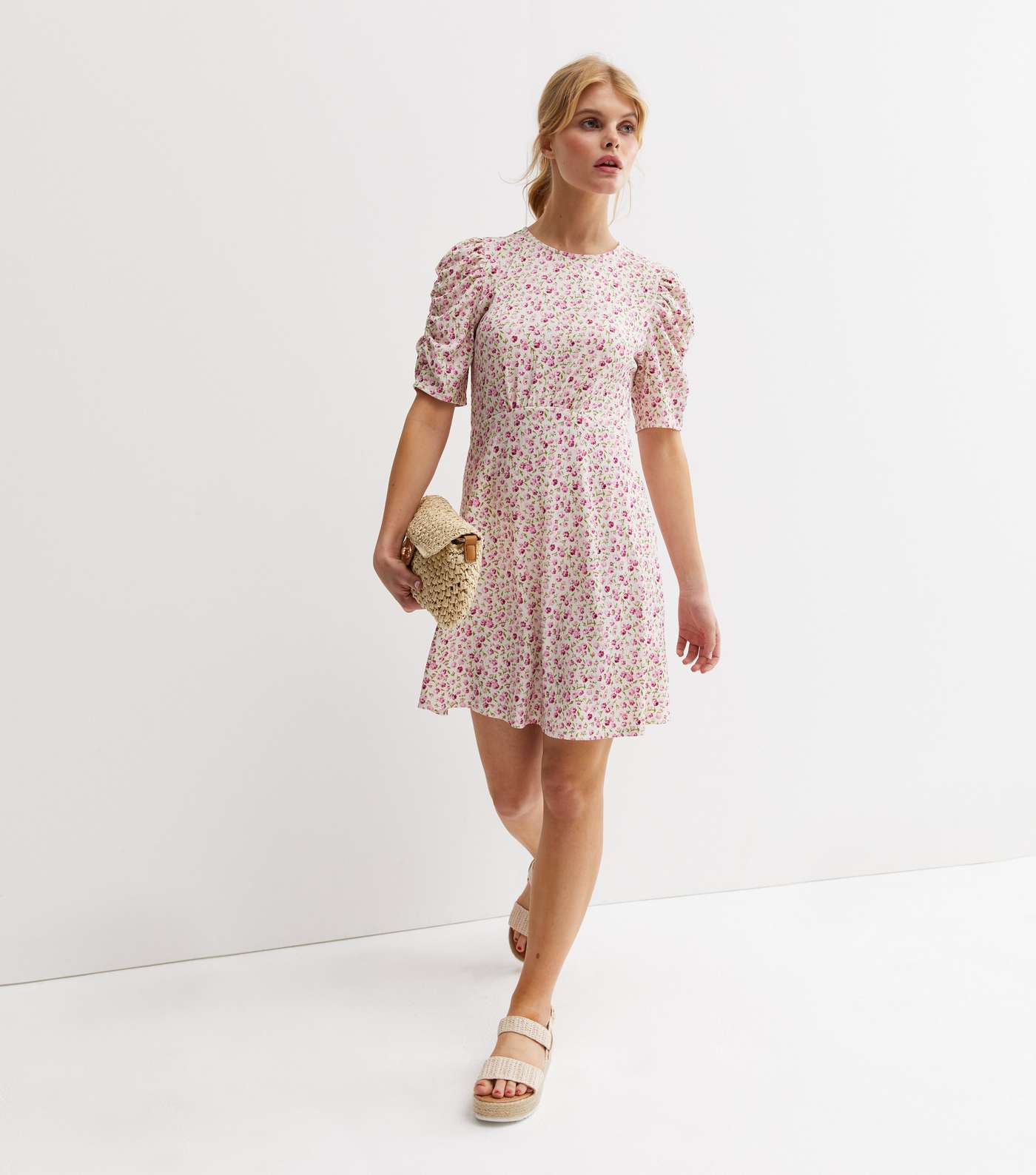 Pink Ditsy Floral Ruched Sleeve Mini Dress Image 3