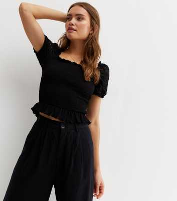 Black Broderie Frill Shirred Square Neck Top