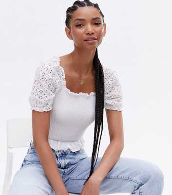 White Broderie Frill Shirred Square Neck Top