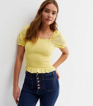 Pale Yellow Broderie Frill Shirred Square Neck Top