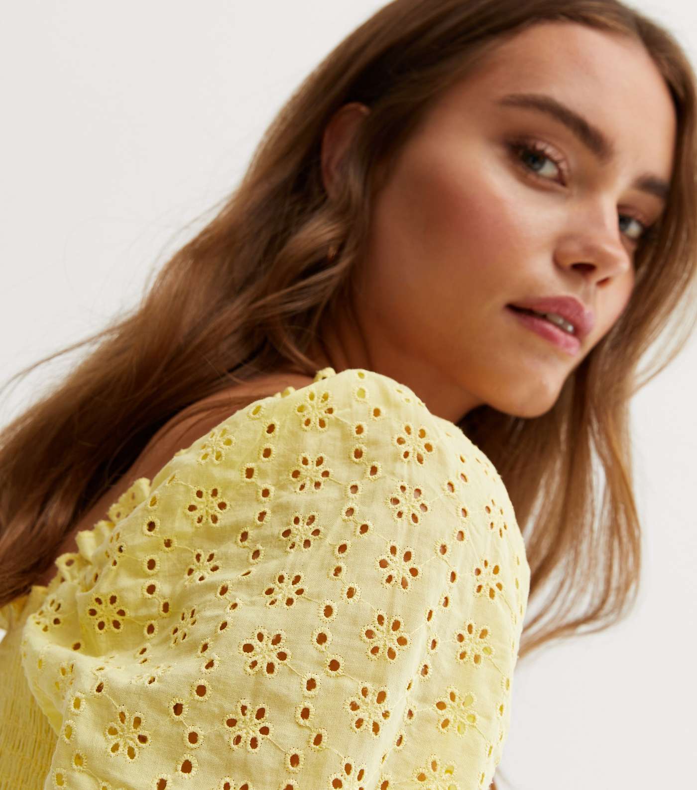 Pale Yellow Broderie Frill Shirred Square Neck Top Image 2