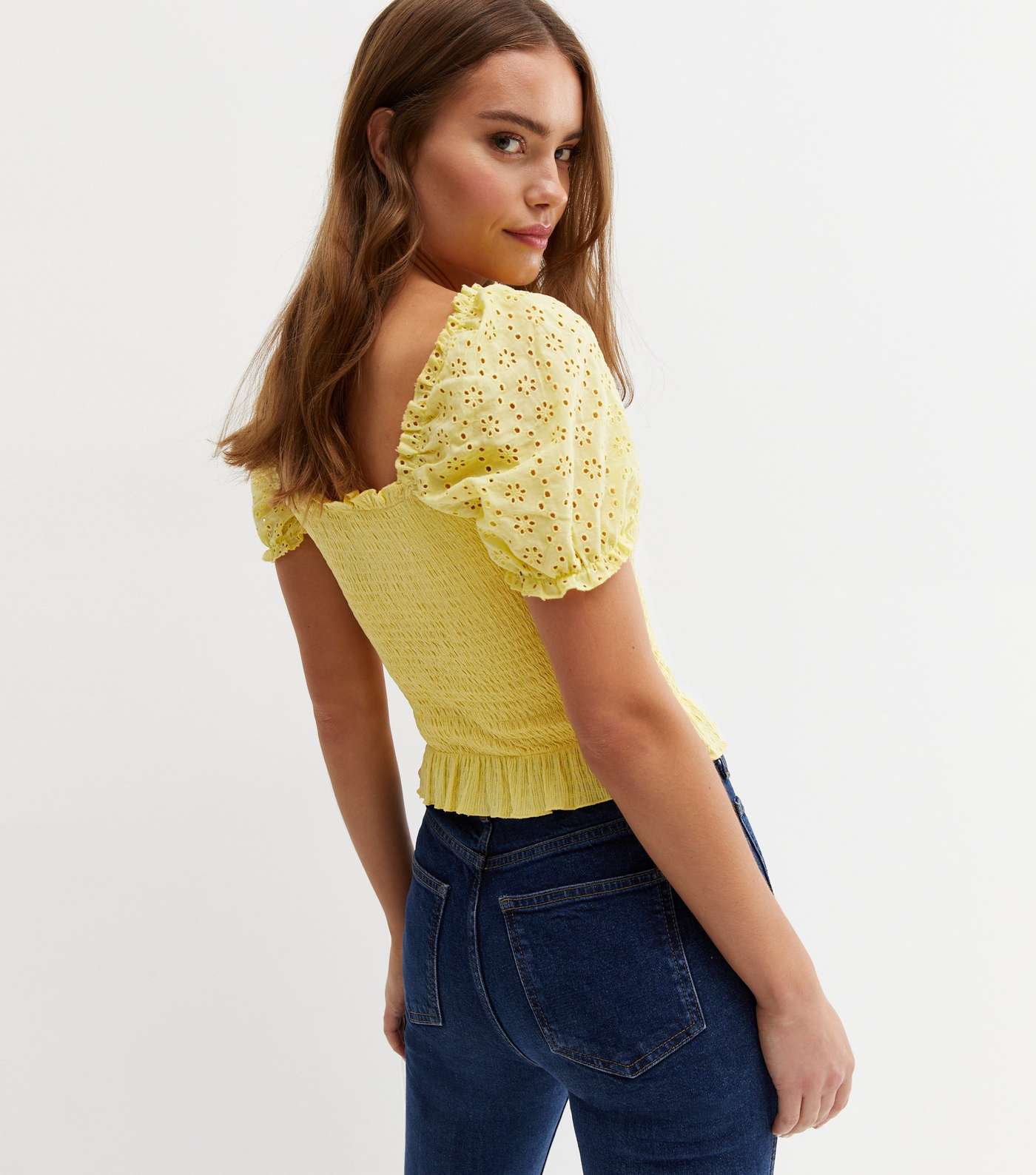 Pale Yellow Broderie Frill Shirred Square Neck Top Image 4