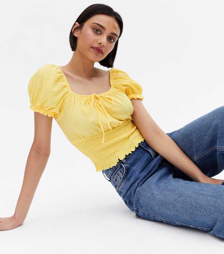 Yellow Shirred Hem Tie Front Top