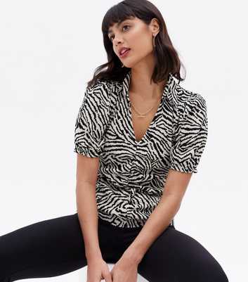 Off White Zebra Print Ruched Collared Top