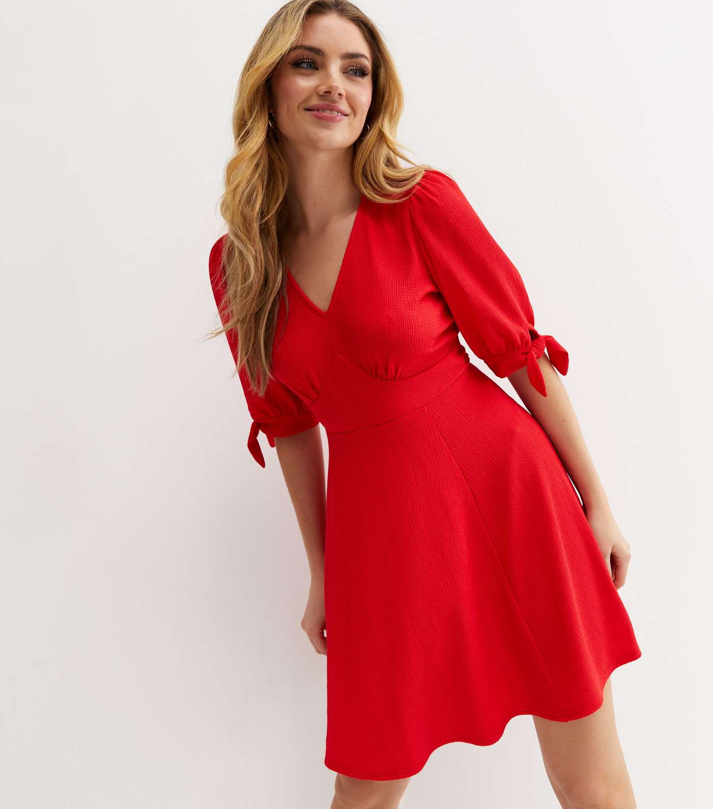 Red Crinkle Jersey V Neck Tie Sleeve Mini Dress