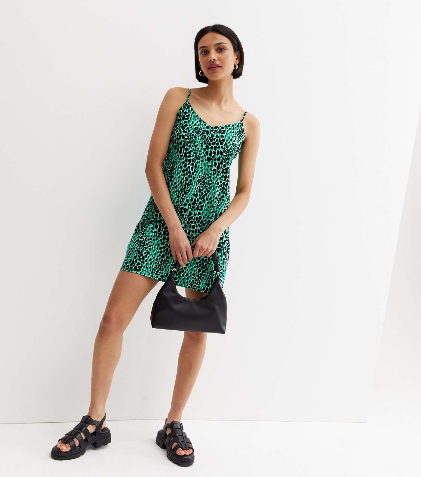 Green Leopard Print Strappy Mini Slip Dress