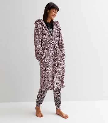 Pink Leopard Print Faux Fur Hooded Dressing Gown