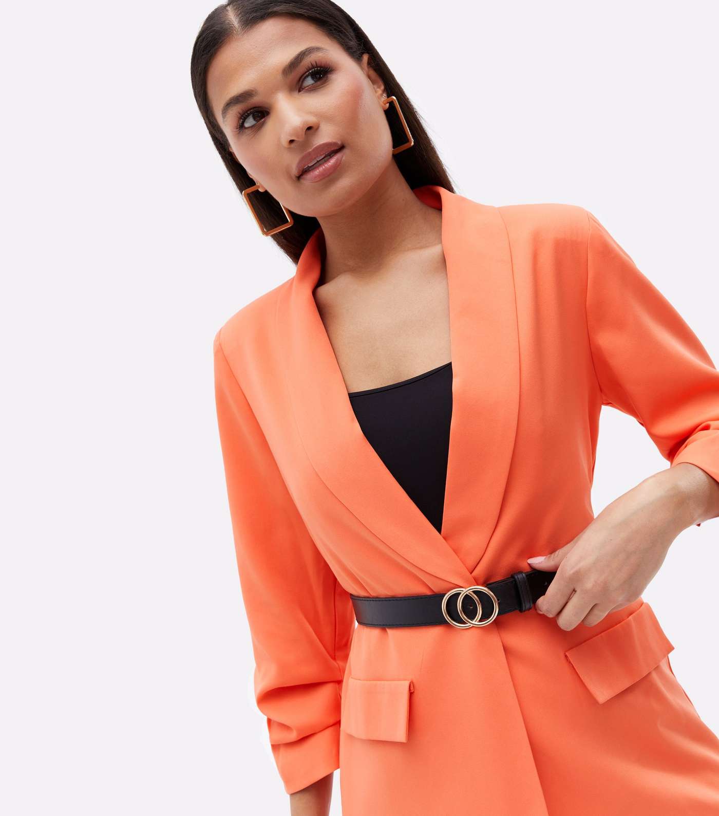 Cameo Rose Bright Orange Ruched Sleeve Long Blazer