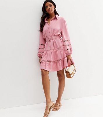 Cameo Rose Bright Pink Lace Trim Belted Mini Shirt Dress | New Look