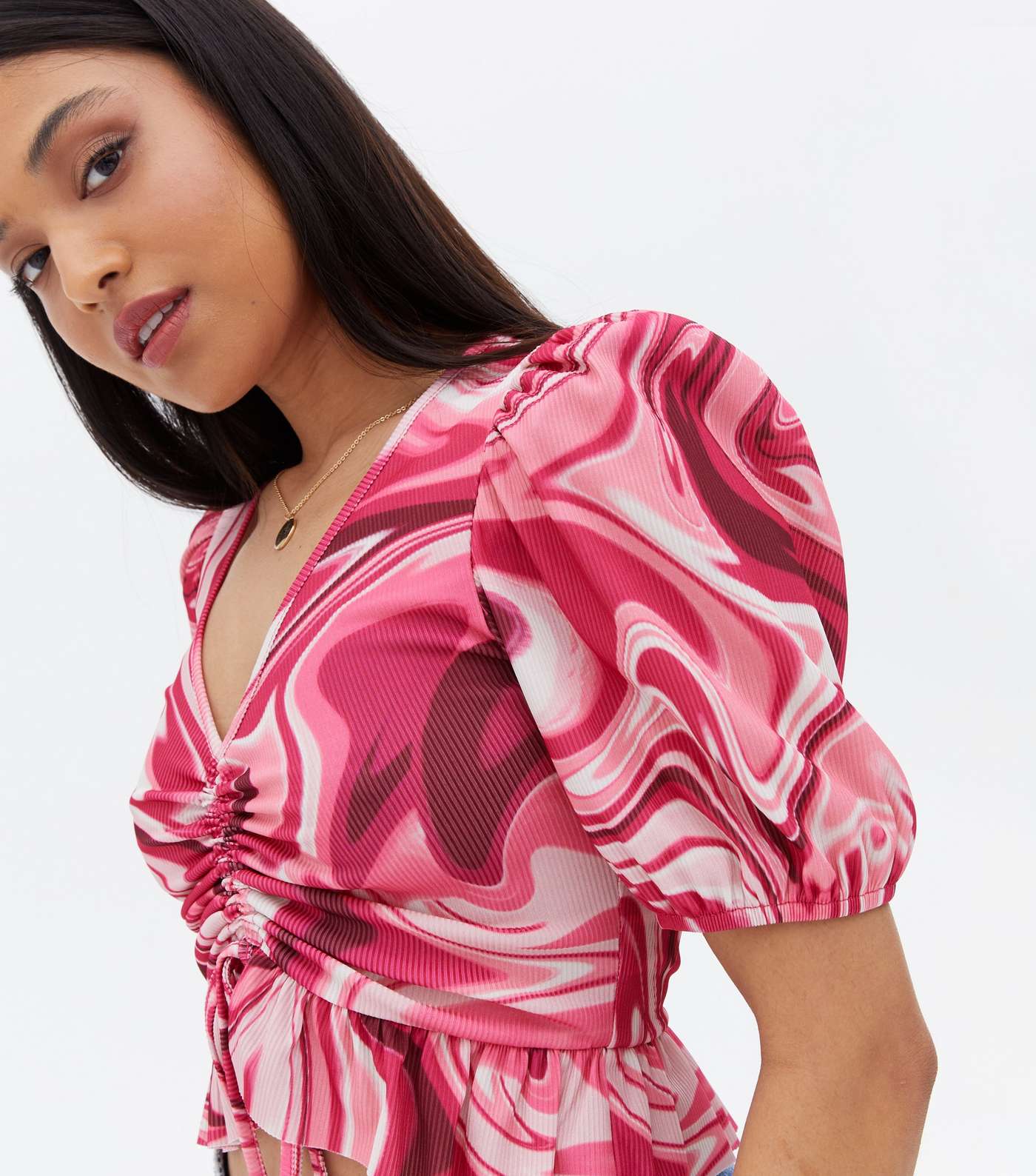 Petite Pink Doodle Print Ribbed Ruched Tie Front Top Image 2