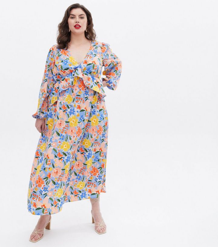vila blue floral frill long sleeve midi dress
