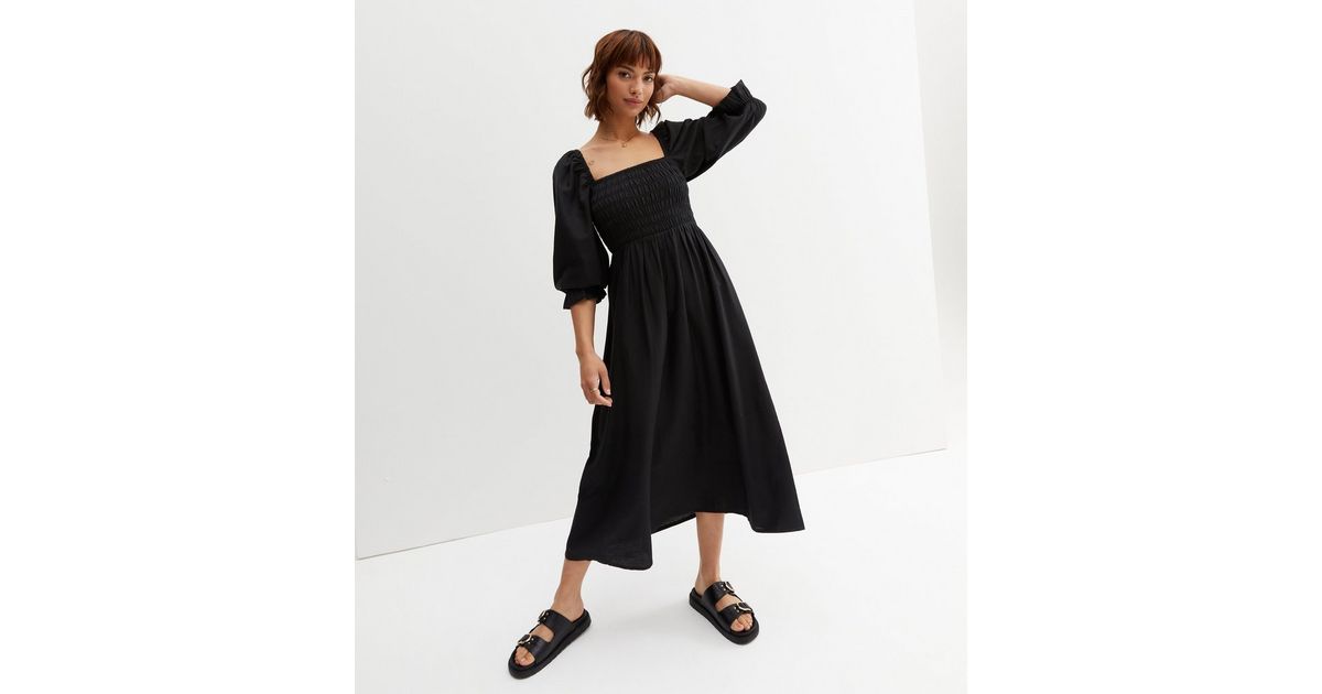 Black Linen-Look Shirred Square Neck Midi Dress | New Look