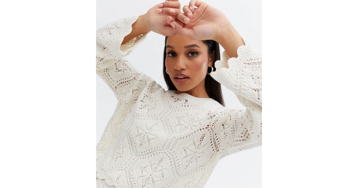 Petite Cream Crochet Wide Sleeve Jumper New Look