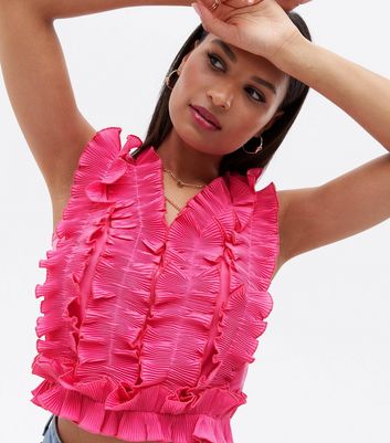 Click to view product details and reviews for Cameo Rose Bright Pink Ruffle Sleeveless Blouse New Look.