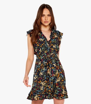 Apricot Navy Floral Frill Belted Wrap Dress New Look