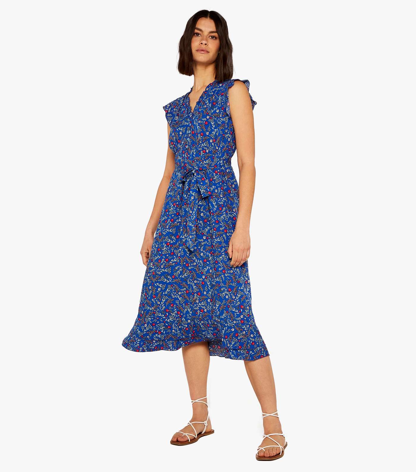 Apricot Blue Floral Frill Belted Midi Dress Image 2