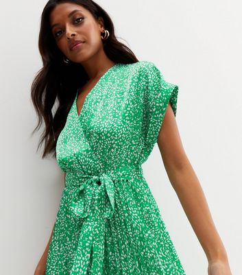 Green Animal Print Satin Pleated Midi Wrap Dress New Look