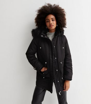 Black Faux Fur Trim Hooded Parka Jacket | New Look