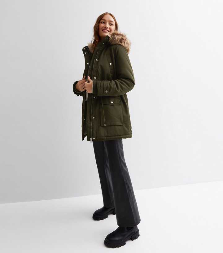 Khaki Faux Fur Trim Hooded Parka Jacket | New Look