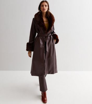 Dark Brown Leather Look Faux Fur Trim Coat New Look