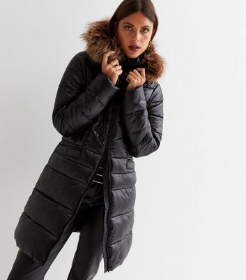 Womens Clothing Coats Parka coats New Look Faux Fur Trim Hooded Long Puffer Coat in Black 