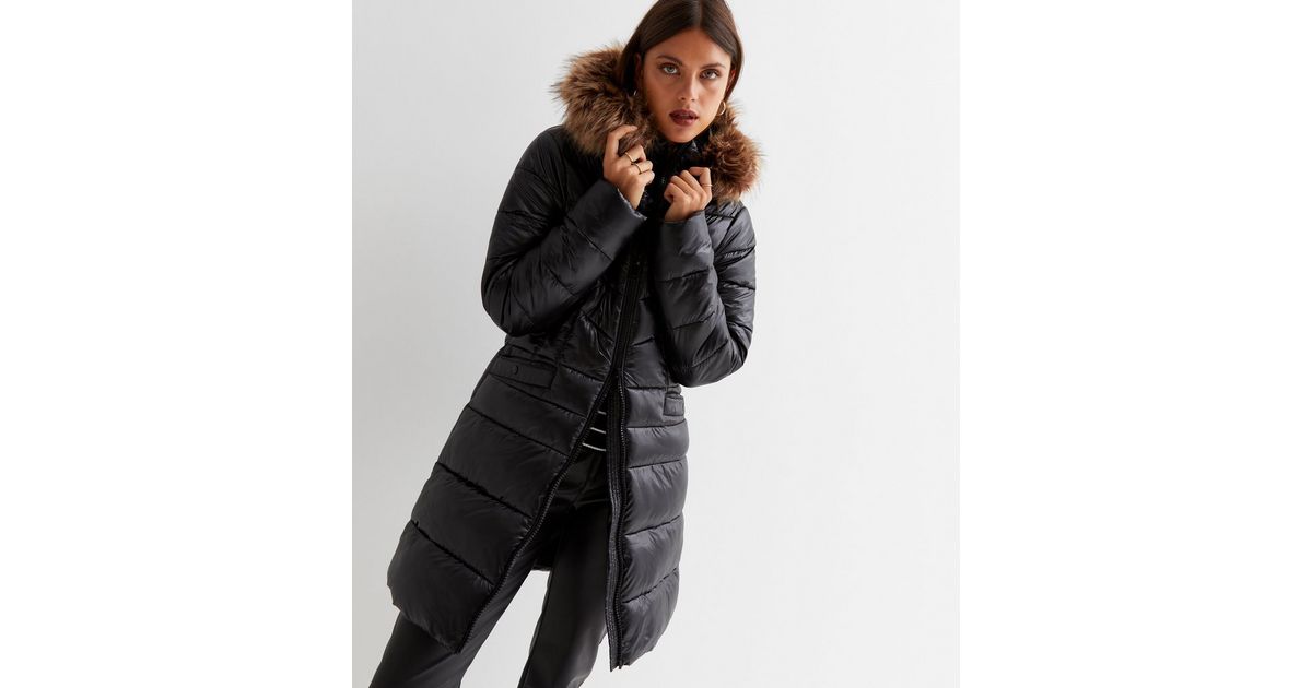Black Leather-Look Faux Fur Trim Hooded Long Puffer Jacket | New Look