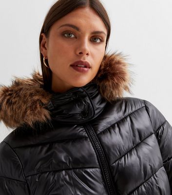 new look longline faux fur hooded jacket in black