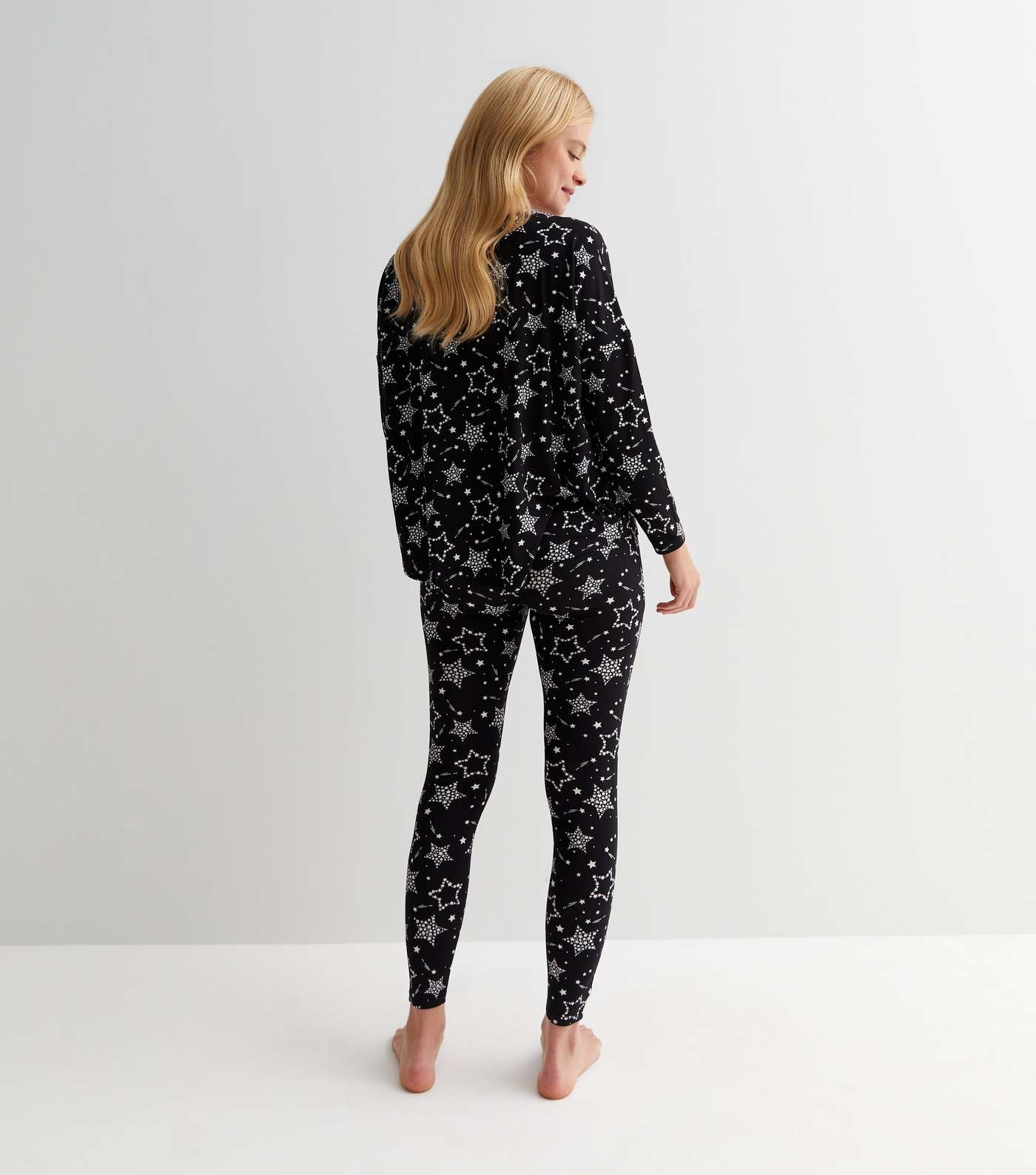 Black Soft Touch Legging Pyjama Set with Star Print Image 4