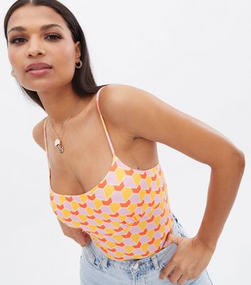 Orange Geometric Strappy Bustier Bodysuit New Look