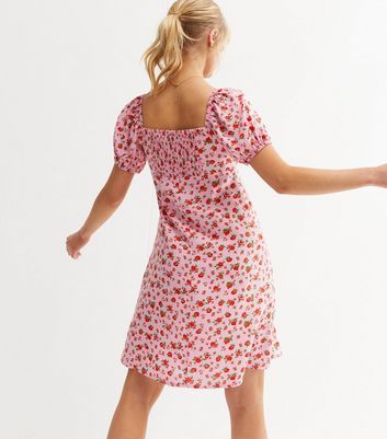 Pink Ditsy Floral Puff Sleeve Sweetheart Mini Dress New Look